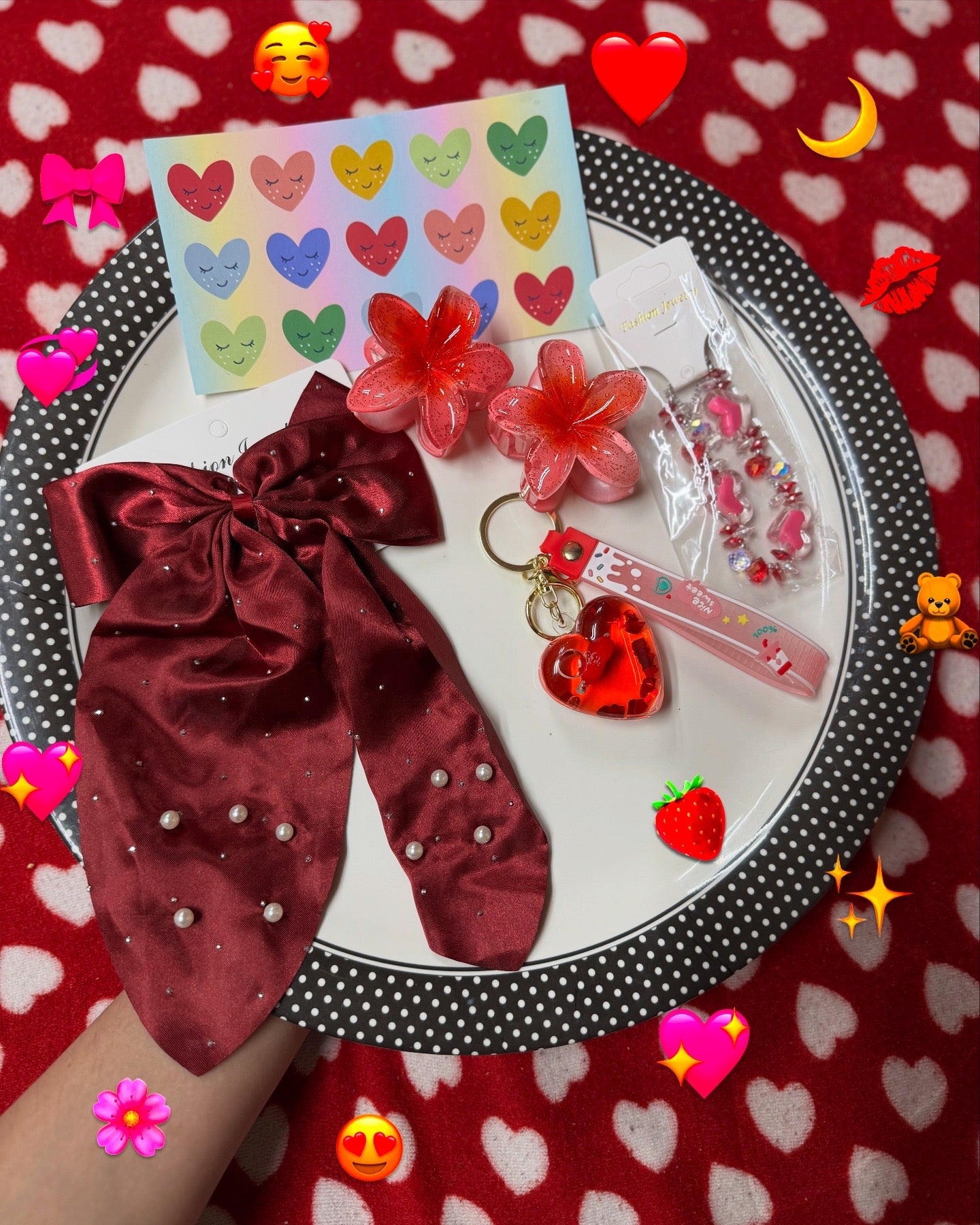 Girls’ Hair Accessories & Cute Keychain Set with Stickers