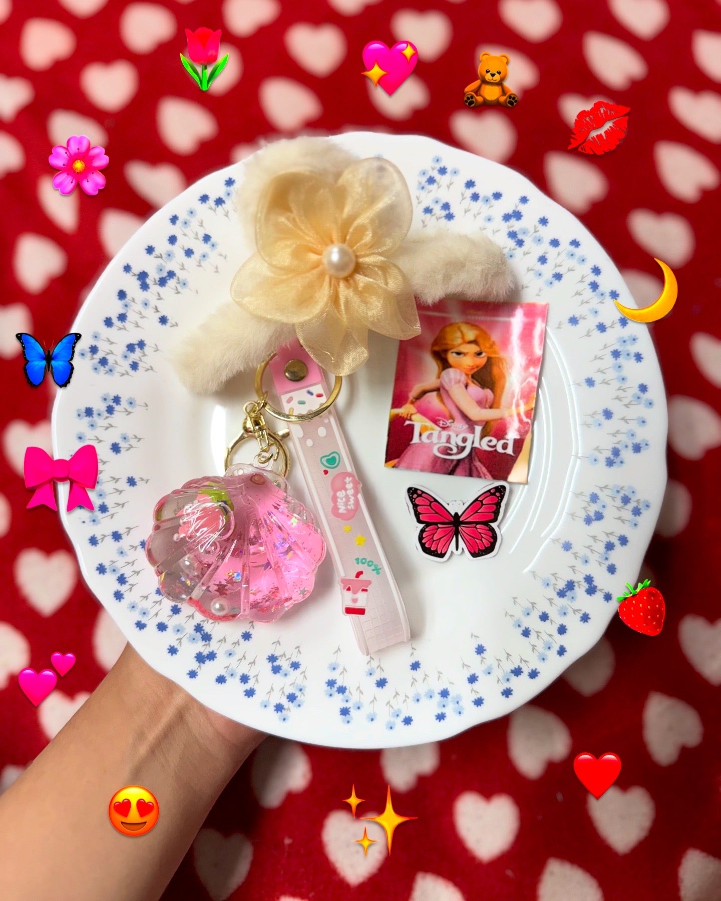 Girls Cute Hairband & Shell Keychain Combo Set with Stickers 🤍🎀