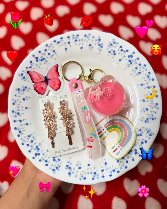 Girls Pearl Flower Hair Clips, Cute Cup Keychain & Sticker Combo Set π¦πβ¨