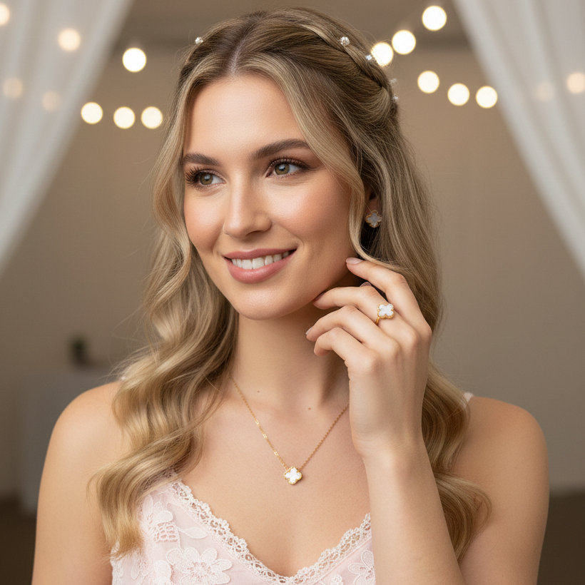 Delicate Clover Pearl and Gold Jewelry Set