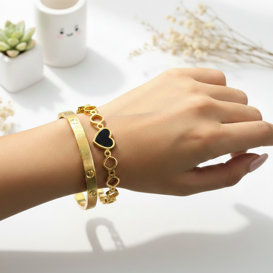 Black Enamel Heart & Screw Detail Bangles