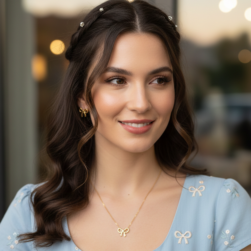 Chic Gold Bow Pendant and Earring Set