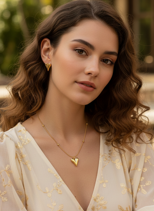 Golden Love Heart Necklace and Earring Set
