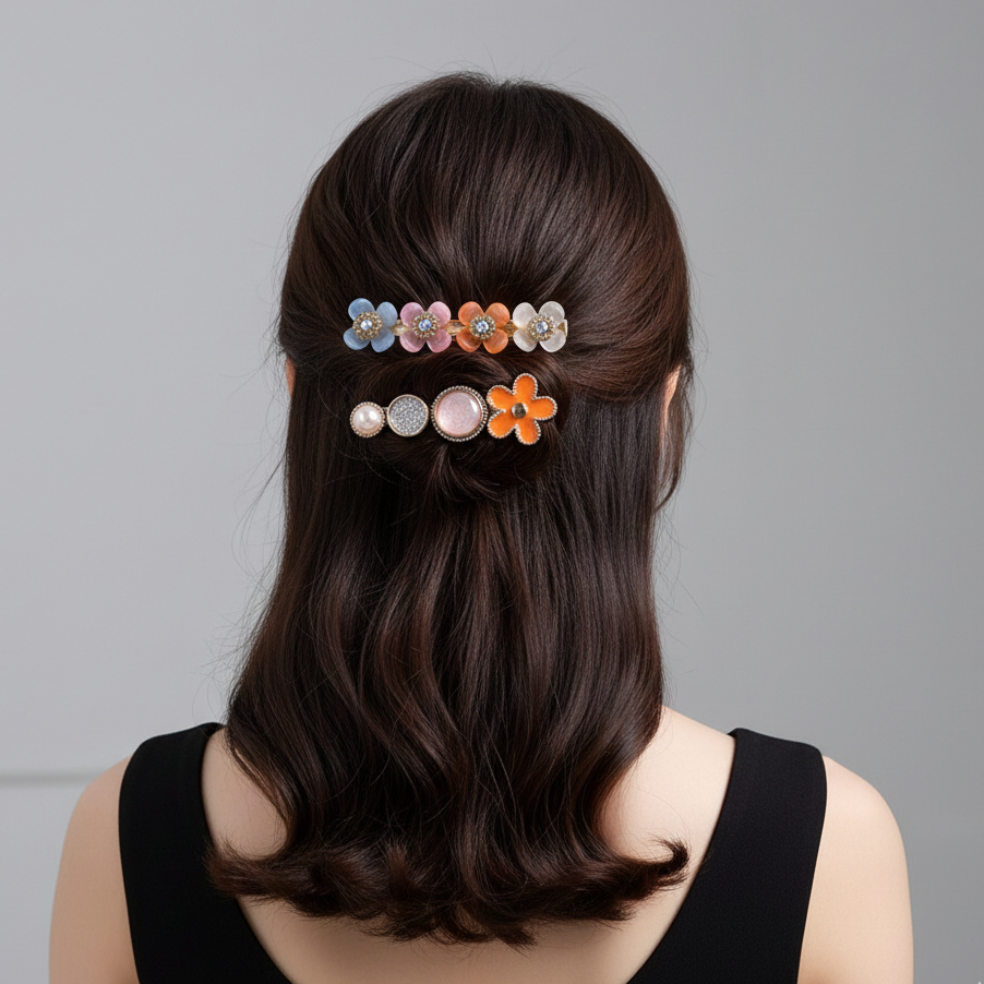 Pastel & Orange Floral Hair Clips Set