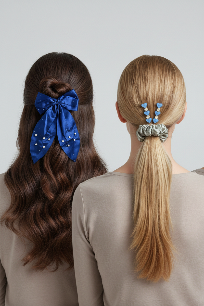 Midnight Blue Satin Bow & Heart Accessory Set