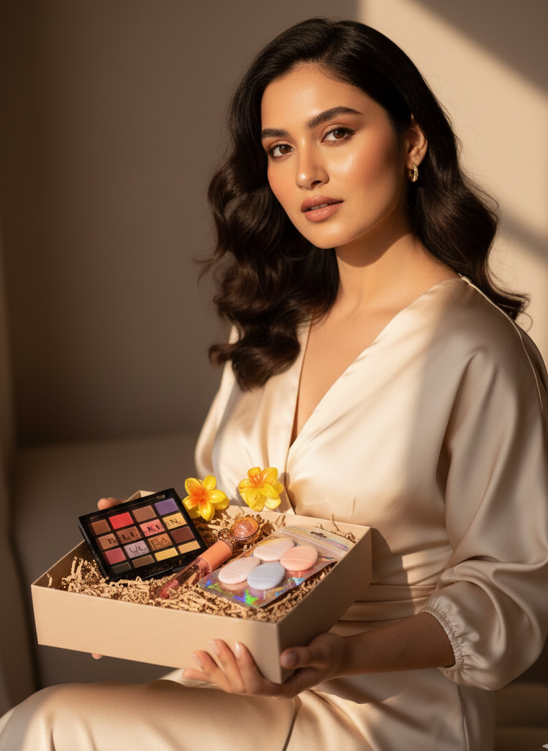 Sunlit Beauty Essentials – Makeup Flat Lay with Floral Touch