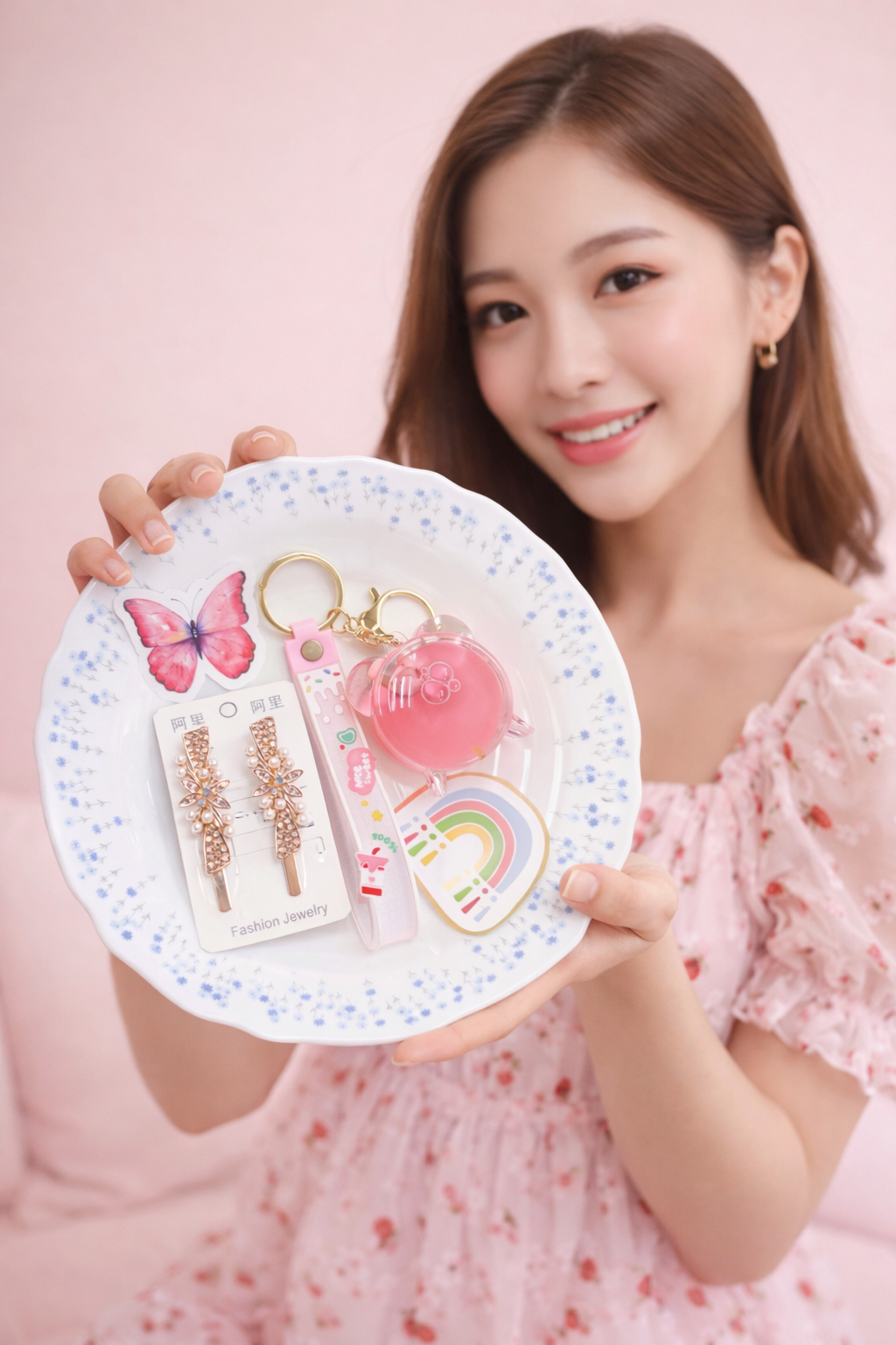 Girls Pearl Flower Hair Clips, Cute Cup Keychain & Sticker Combo Set