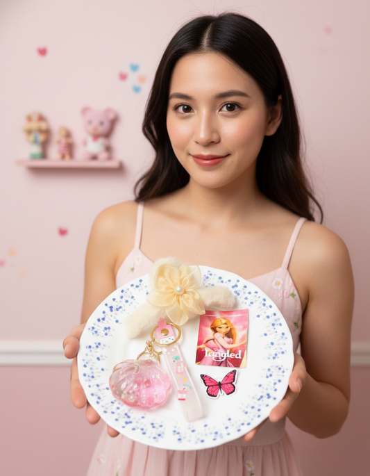 Girls Cute Hairband & Shell Keychain Combo Set with Stickers