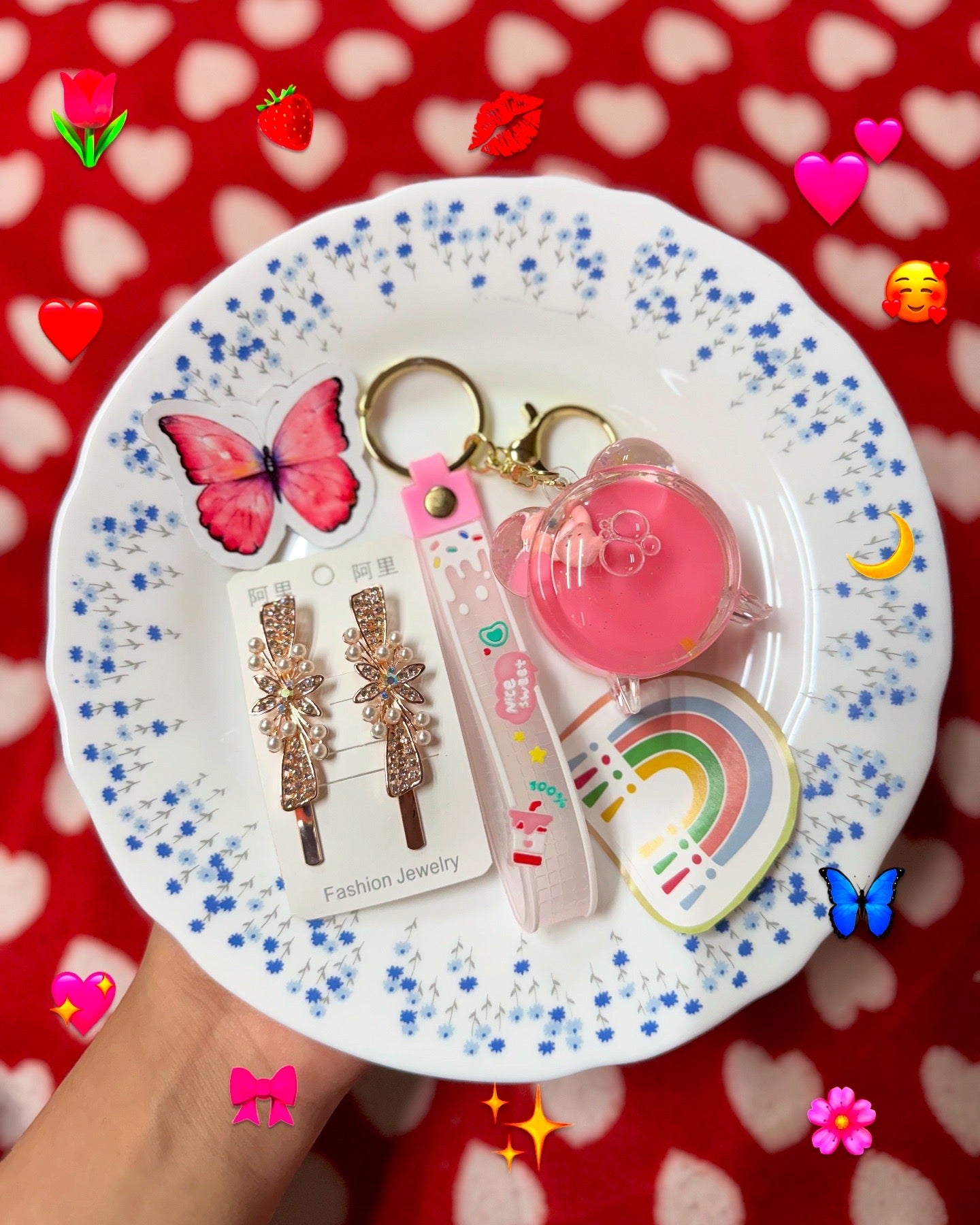 Girls Pearl Flower Hair Clips, Cute Cup Keychain & Sticker Combo Set