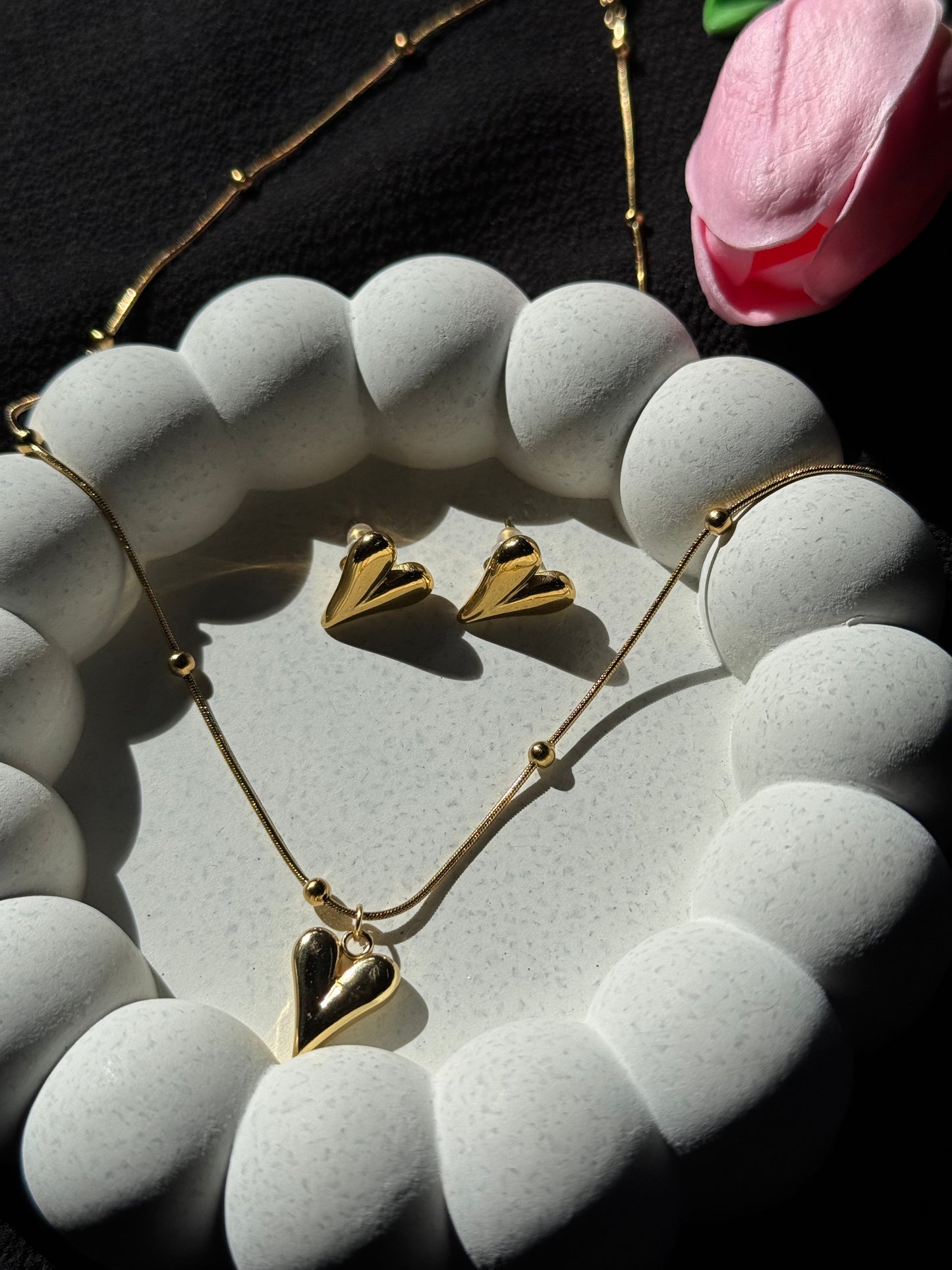 Golden Love Heart Necklace and Earring Set