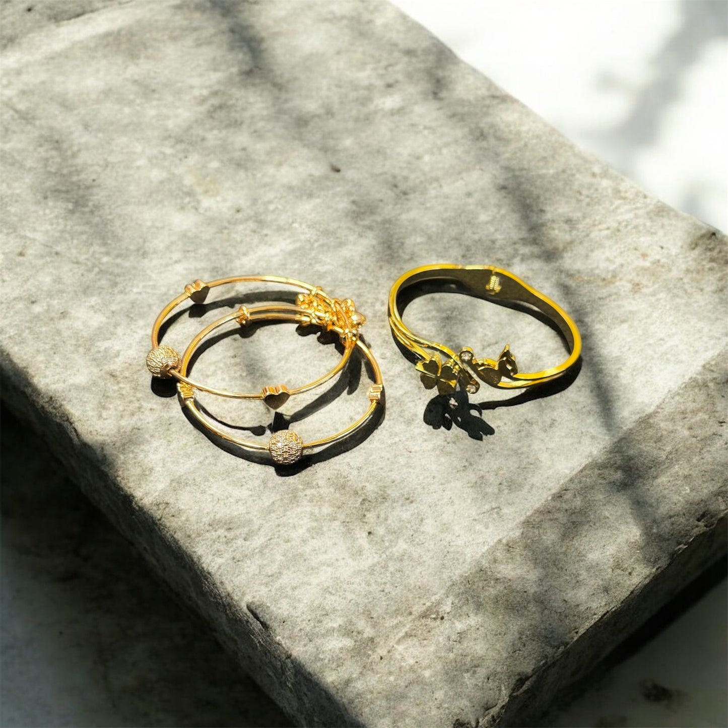 Gold Clover & Heart Charm Bangle Set