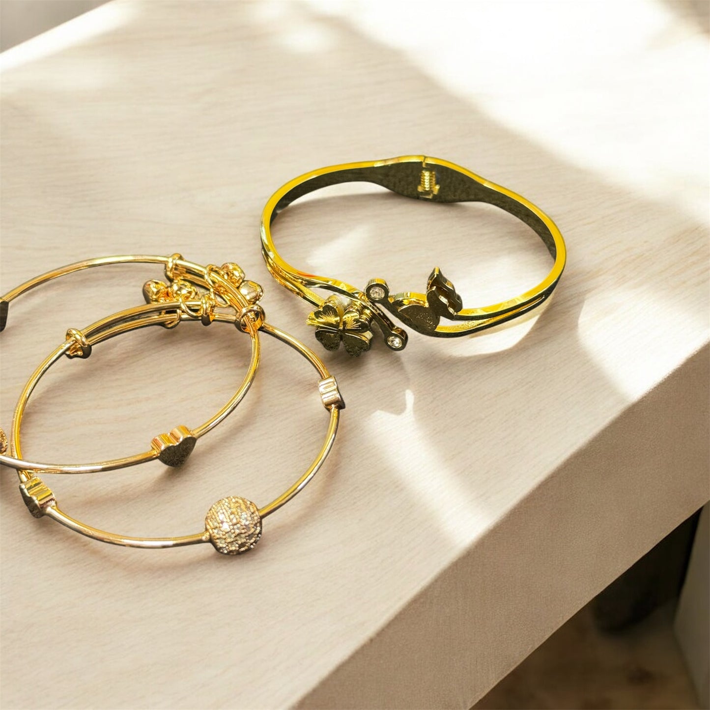 Gold Clover & Heart Charm Bangle Set