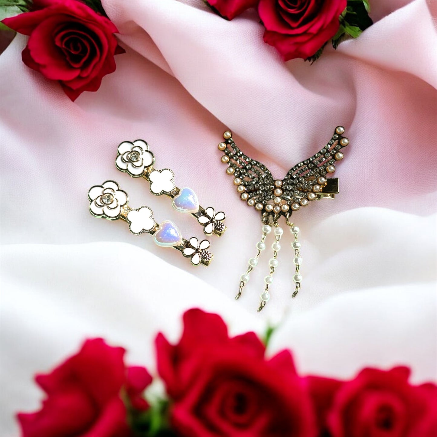 Regal Pearl Butterfly Wings and Floral Hair Clips
