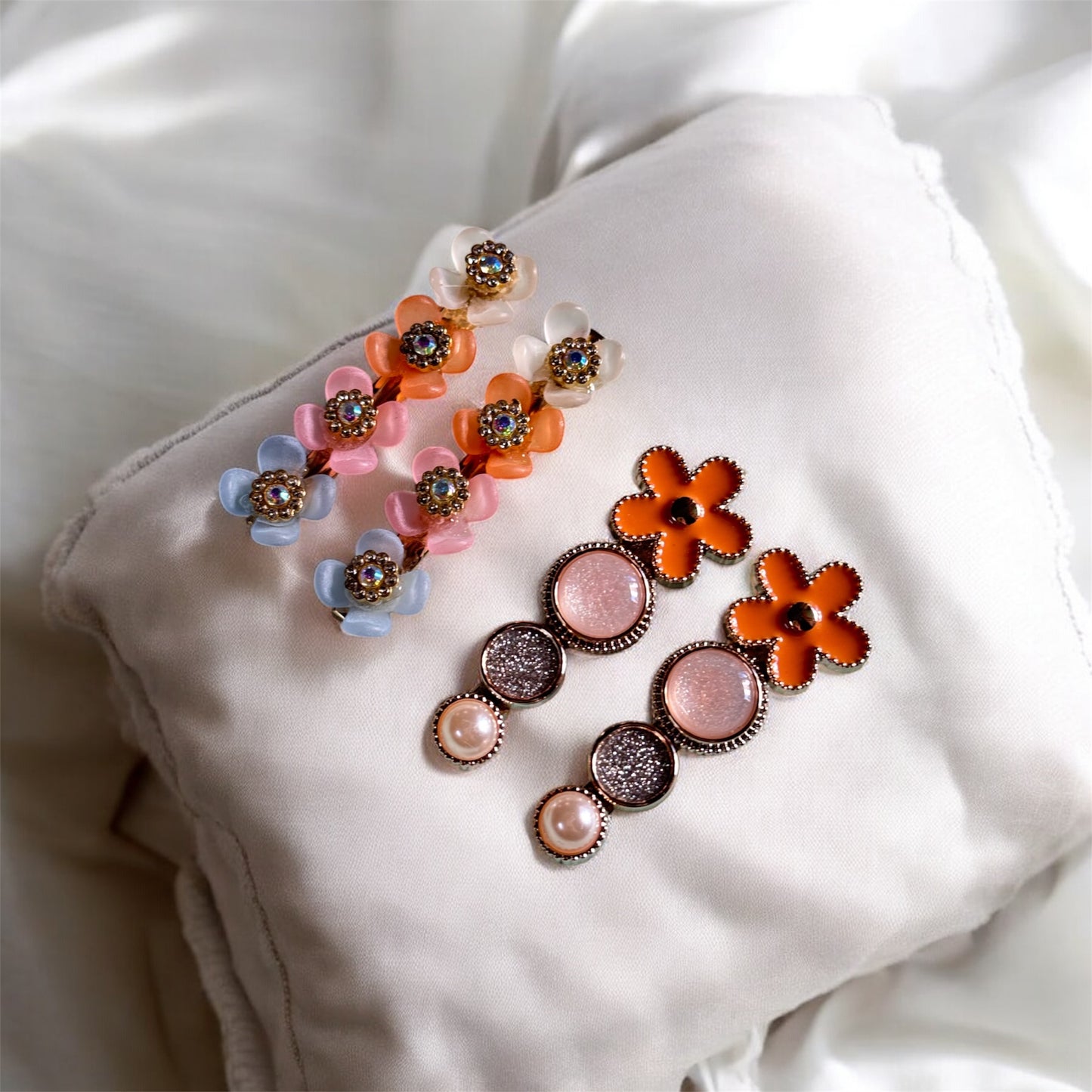 Pastel & Orange Floral Hair Clips Set