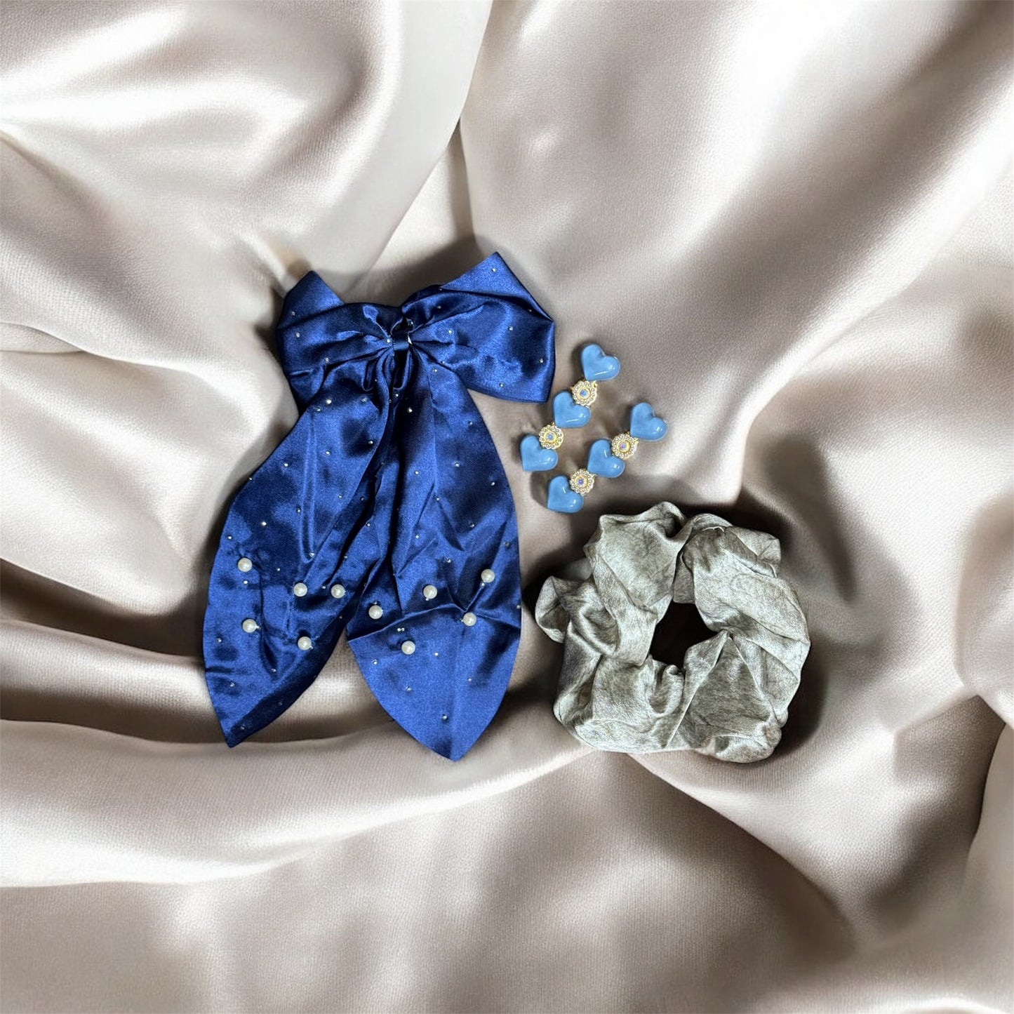 Midnight Blue Satin Bow & Heart Accessory Set