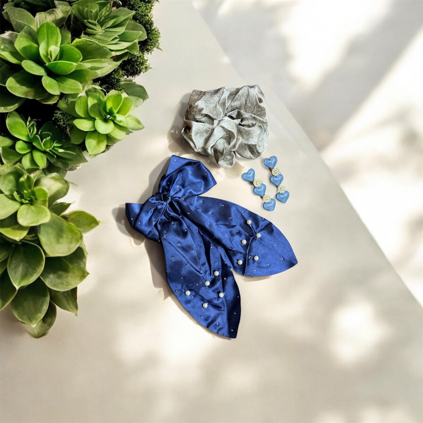 Midnight Blue Satin Bow & Heart Accessory Set