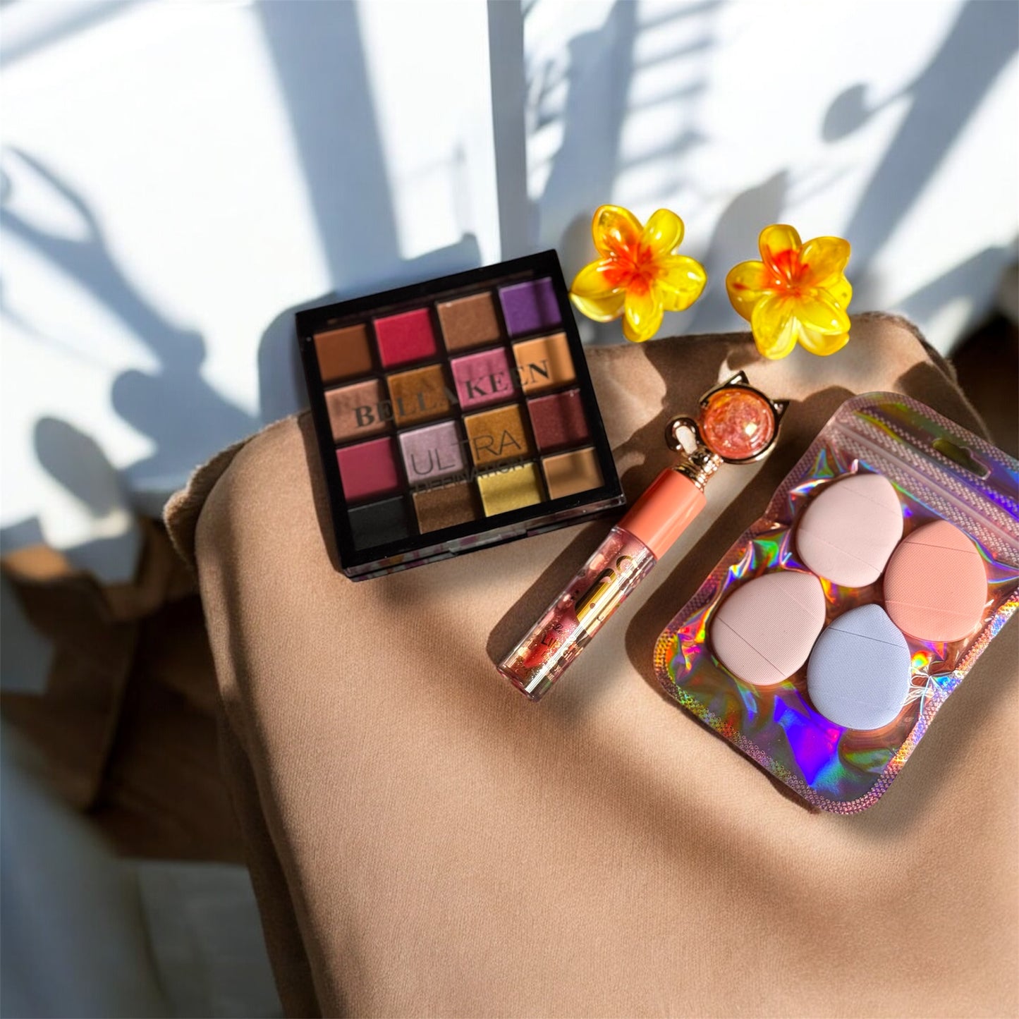 Sunlit Beauty Essentials – Makeup Flat Lay with Floral Touch