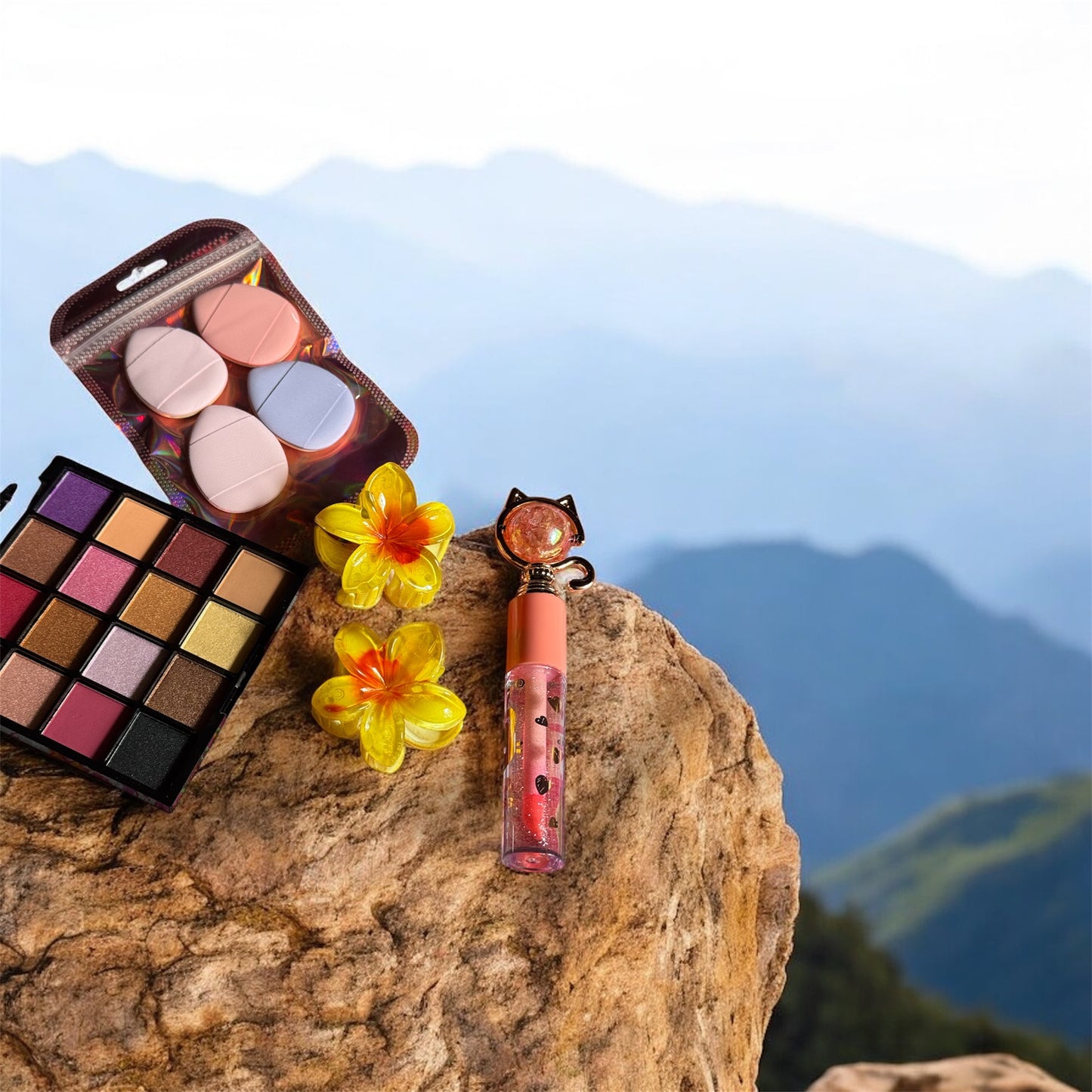 Sunlit Beauty Essentials – Makeup Flat Lay with Floral Touch